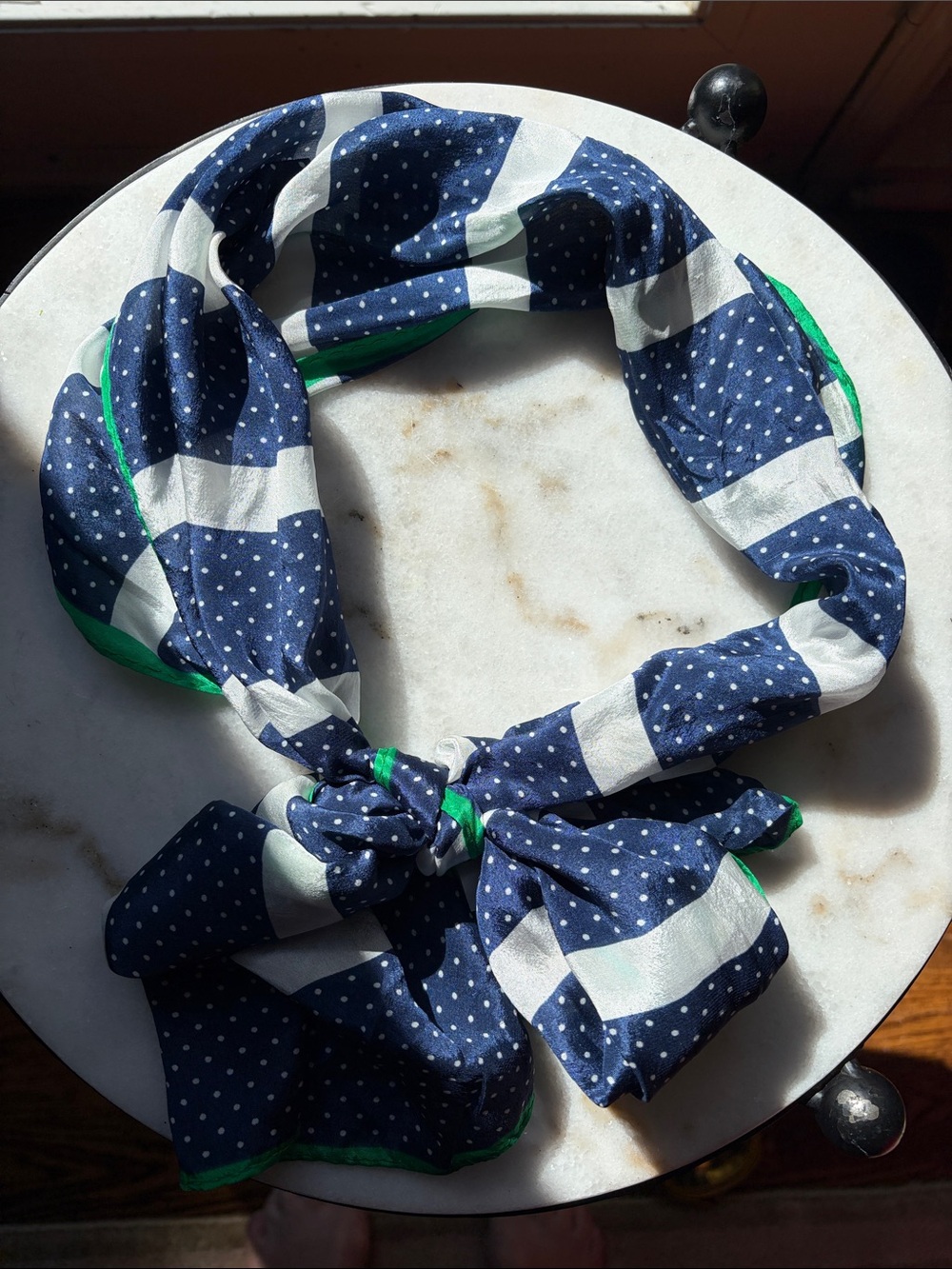 bill blass silk Navy Polka Dot Scarf with Green Trim
